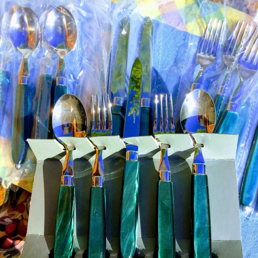🇮🇹  Italian Designed Silverware Emerald Tortoiseshell 19 Piece Set DEADSTOCK